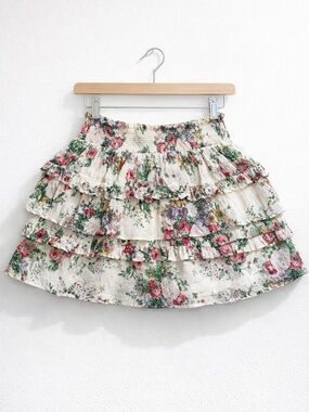 LoveShackFancy Cream Tiered Pink Rose And Green Floral Ruffle Mini Skirt NWOT